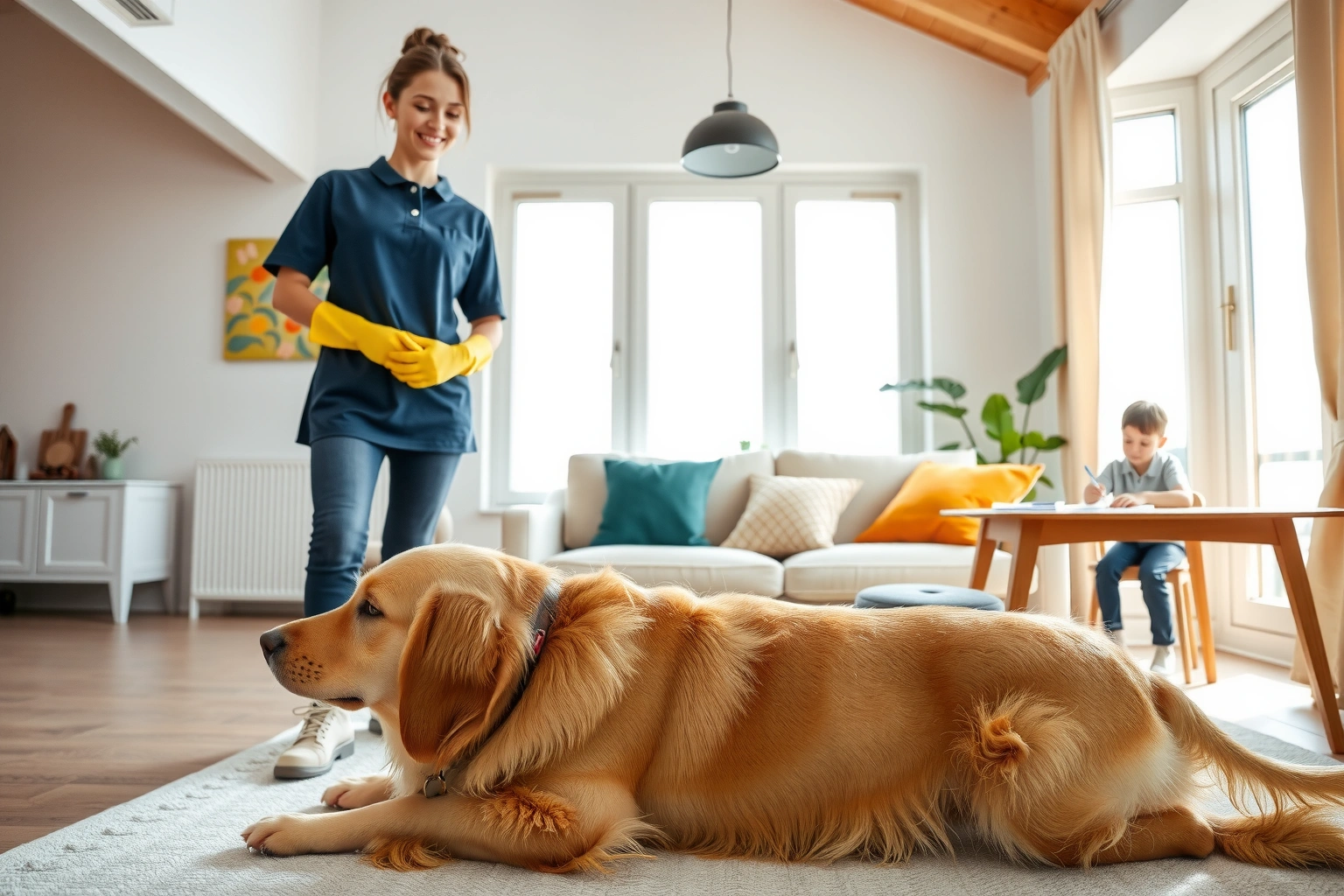 DUNA Home and Care professional tidying a bright living room with a family dog